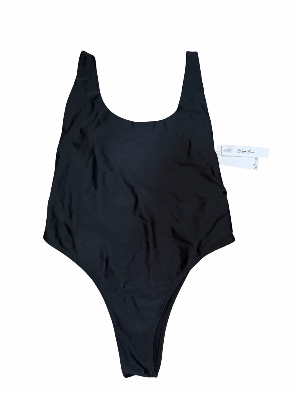 Brazilian brand Black Scoop Neck One-Piece Swimsuit Sz M High Cut Side Boob Sexy